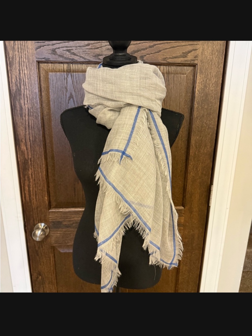 Ahujasons cream and Blue Wool Silk Scarf With Fringe